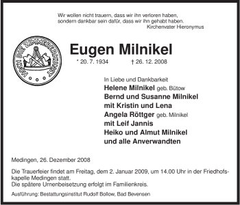 Traueranzeige von Eugen Milnikel von ALLGEMEINE ZEITUNG UELZEN