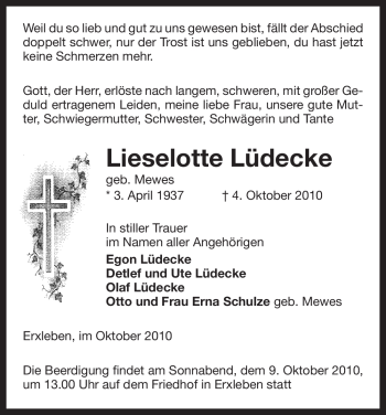 Traueranzeige von Lieselotte Lüdecke von ALLGEMEINE ZEITUNG UELZEN