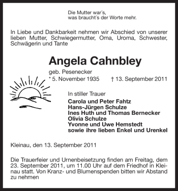 Traueranzeige von Angela Cahnbley von ALLGEMEINE ZEITUNG UELZEN