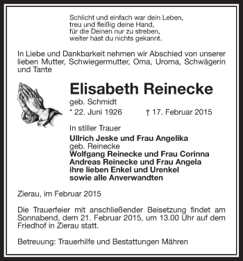 Traueranzeige von Elisabeth Reinecke von Uelzen