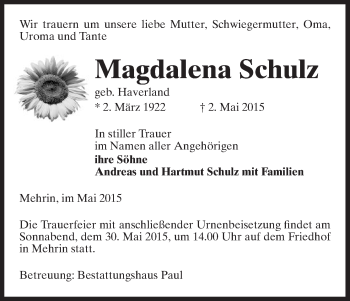 Traueranzeige von Magdalena Schulz von Uelzen