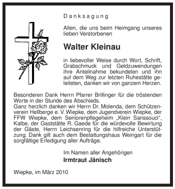 Traueranzeige von Walter Kleinau von ALLGEMEINE ZEITUNG UELZEN