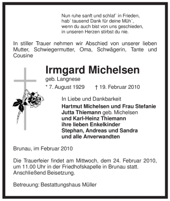 Traueranzeige von Irmgard Michelsen von ALLGEMEINE ZEITUNG UELZEN