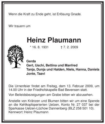 Traueranzeige von Heinz Plaumann von ALLGEMEINE ZEITUNG UELZEN