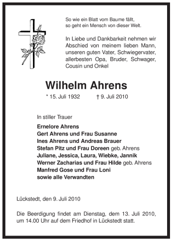 Traueranzeige von Wilhelm Ahrens von ALLGEMEINE ZEITUNG UELZEN