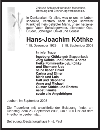 Traueranzeige von Hans-Joachim Köthke von ALLGEMEINE ZEITUNG UELZEN