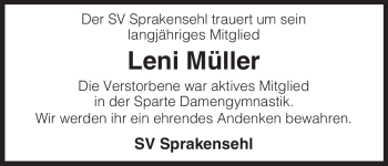 Traueranzeige von Leni Müller von ALLGEMEINE ZEITUNG UELZEN