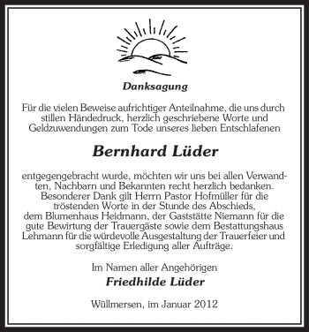 Traueranzeige von Bernhard Lüder von ALLGEMEINE ZEITUNG UELZEN