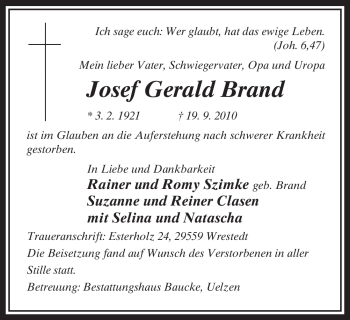 Traueranzeige von Josef Gerald Brand von ALLGEMEINE ZEITUNG UELZEN