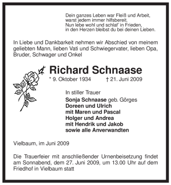 Traueranzeige von Richard Schnaase von ALLGEMEINE ZEITUNG UELZEN