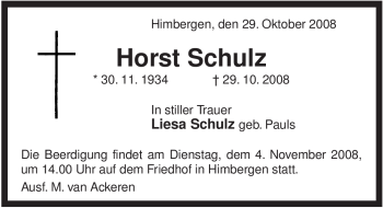 Traueranzeige von Horst Schulz von ALLGEMEINE ZEITUNG UELZEN
