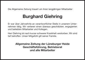 Traueranzeige von Burghard Giehring von ALLGEMEINE ZEITUNG UELZEN