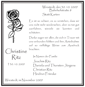 Traueranzeige von Christine Ritz von ALLGEMEINE ZEITUNG UELZEN