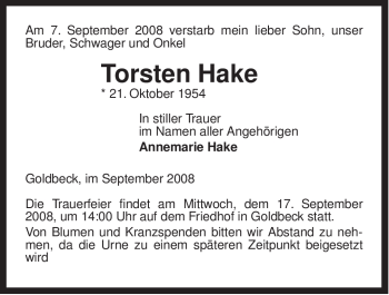 Traueranzeige von Torsten Hake von ALLGEMEINE ZEITUNG UELZEN