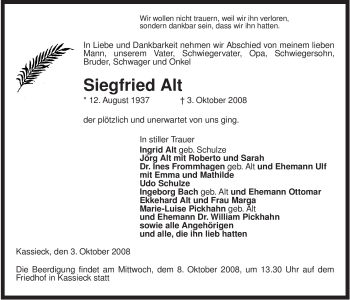 Traueranzeige von Siegfried Alt von ALLGEMEINE ZEITUNG UELZEN