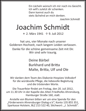 Traueranzeige von Joachim Schmidt von ALLGEMEINE ZEITUNG UELZEN
