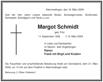 Traueranzeige von Margot Schmidt von ALLGEMEINE ZEITUNG UELZEN