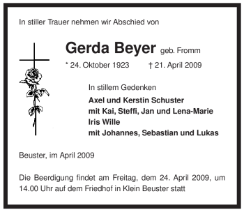 Traueranzeige von Gerda Beyer von ALLGEMEINE ZEITUNG UELZEN