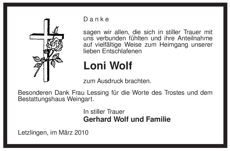  Traueranzeige für Loni Wolf vom 30.03.2010 aus ALLGEMEINE ZEITUNG UELZEN