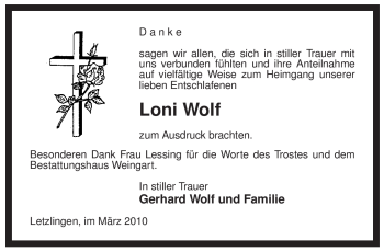 Traueranzeige von Loni Wolf von ALLGEMEINE ZEITUNG UELZEN
