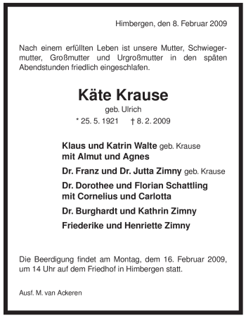 Traueranzeige von Käte Krause von ALLGEMEINE ZEITUNG UELZEN