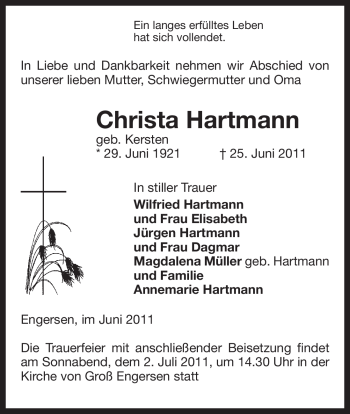 Traueranzeige von Christa Hartmann von ALLGEMEINE ZEITUNG UELZEN