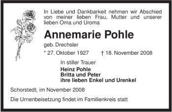 Traueranzeige von Annemarie Pohle von ALLGEMEINE ZEITUNG UELZEN