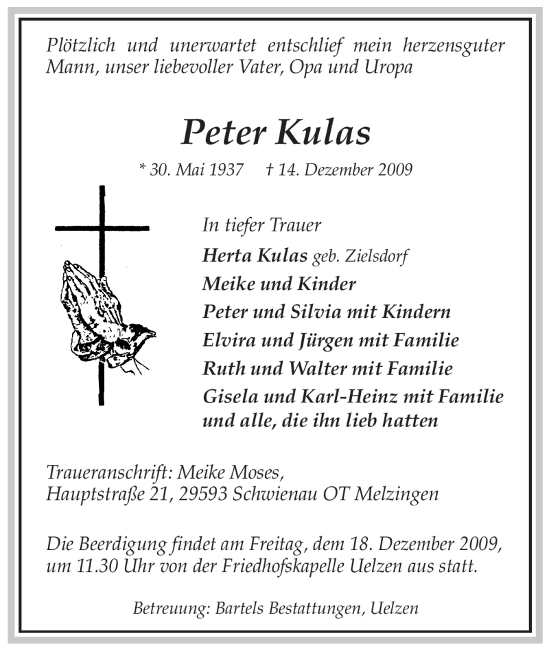  Traueranzeige für Peter Kulas vom 16.12.2009 aus ALLGEMEINE ZEITUNG UELZEN