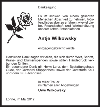 Traueranzeige von Antje Wilkowsky von ALLGEMEINE ZEITUNG UELZEN