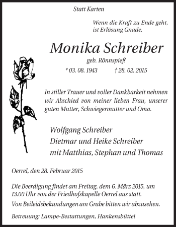 Traueranzeige von Monika Schreiber von Uelzen