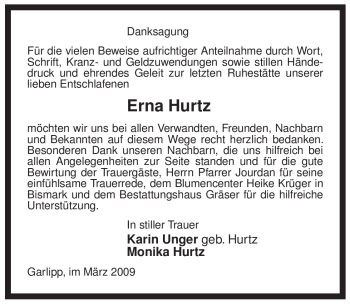 Traueranzeige von Erna Hurtz von ALLGEMEINE ZEITUNG UELZEN