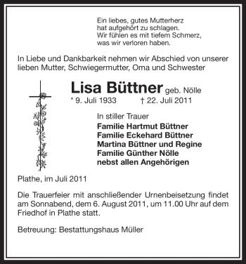 Traueranzeige von Lisa Büttner von ALLGEMEINE ZEITUNG UELZEN