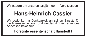 Traueranzeige von Hans-Heinrich Cassier von ALLGEMEINE ZEITUNG UELZEN