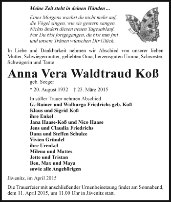 Traueranzeige von Anna Vera Waldtraud Koß von Uelzen