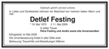 Traueranzeige von Detlef Festing von ALLGEMEINE ZEITUNG UELZEN