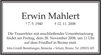 Traueranzeige von Erwin Mahlert von ALLGEMEINE ZEITUNG UELZEN