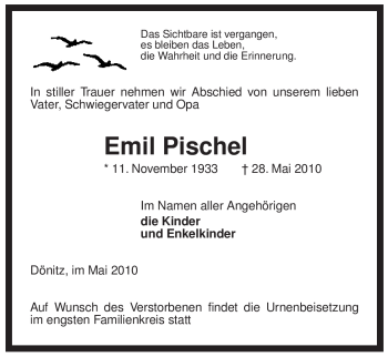 Traueranzeige von Emil Pischel von ALLGEMEINE ZEITUNG UELZEN