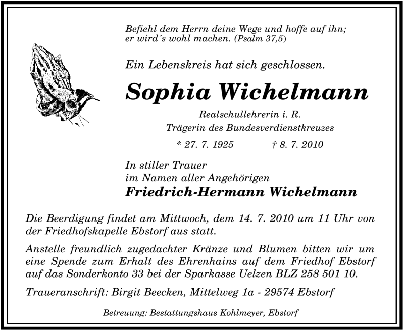  Traueranzeige für Sophia Wichelmann vom 12.07.2010 aus ALLGEMEINE ZEITUNG UELZEN