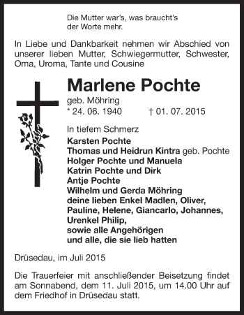 Traueranzeige von Marlene Pochte von Uelzen