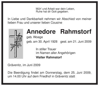 Traueranzeige von Annedore Rahmstorf von ALLGEMEINE ZEITUNG UELZEN