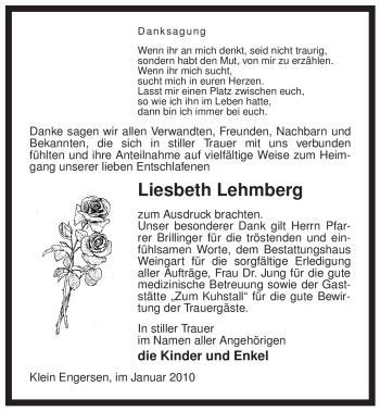 Traueranzeige von Liesbeth Lehmberg von ALLGEMEINE ZEITUNG UELZEN