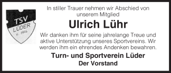 Traueranzeige von Ulrich Lühr von ALLGEMEINE ZEITUNG UELZEN