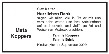 Traueranzeige von Meta Koppers von ALLGEMEINE ZEITUNG UELZEN