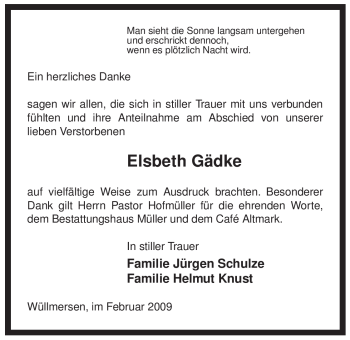 Traueranzeige von Elsbeth Gädke von ALLGEMEINE ZEITUNG UELZEN