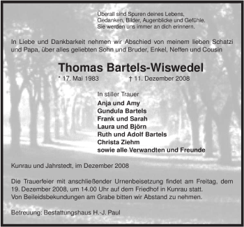 Traueranzeige von Thomas Bartels-Wiswedel von ALLGEMEINE ZEITUNG UELZEN