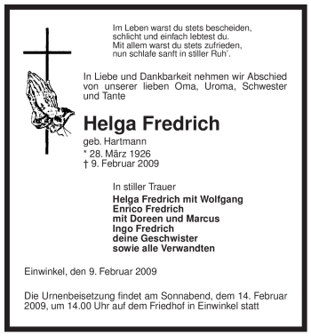 Traueranzeige von Helga Fredrich von ALLGEMEINE ZEITUNG UELZEN