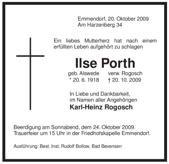 Traueranzeige von Ilse Porth von ALLGEMEINE ZEITUNG UELZEN