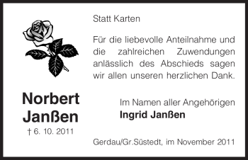 Traueranzeige von Norbert Janßen von ALLGEMEINE ZEITUNG UELZEN