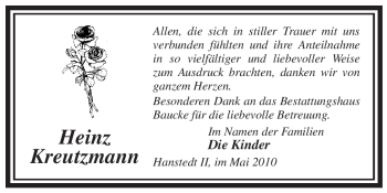 Traueranzeige von Heinz Kreutzmann von ALLGEMEINE ZEITUNG UELZEN