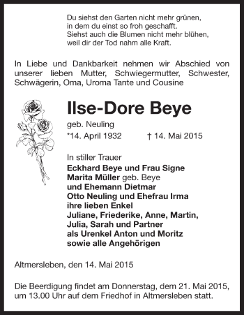 Traueranzeige von Ilse-Dore Beye von Uelzen